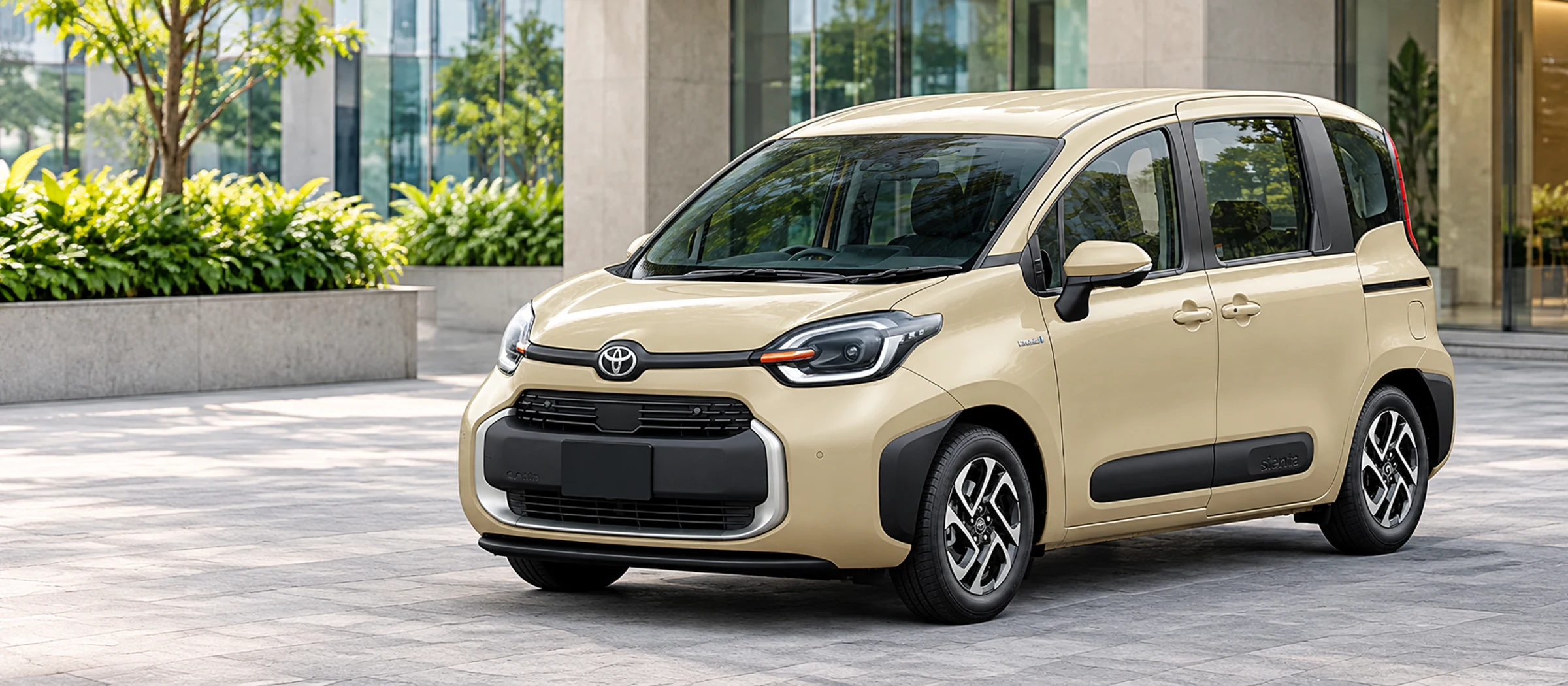 Illustration of a beige Toyota Sienta outside a bright showroom