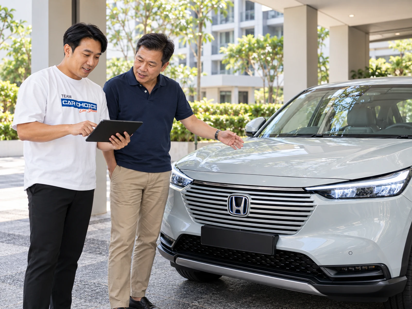 Illustration of a Car Choice representative discussing a car valuation with an owner