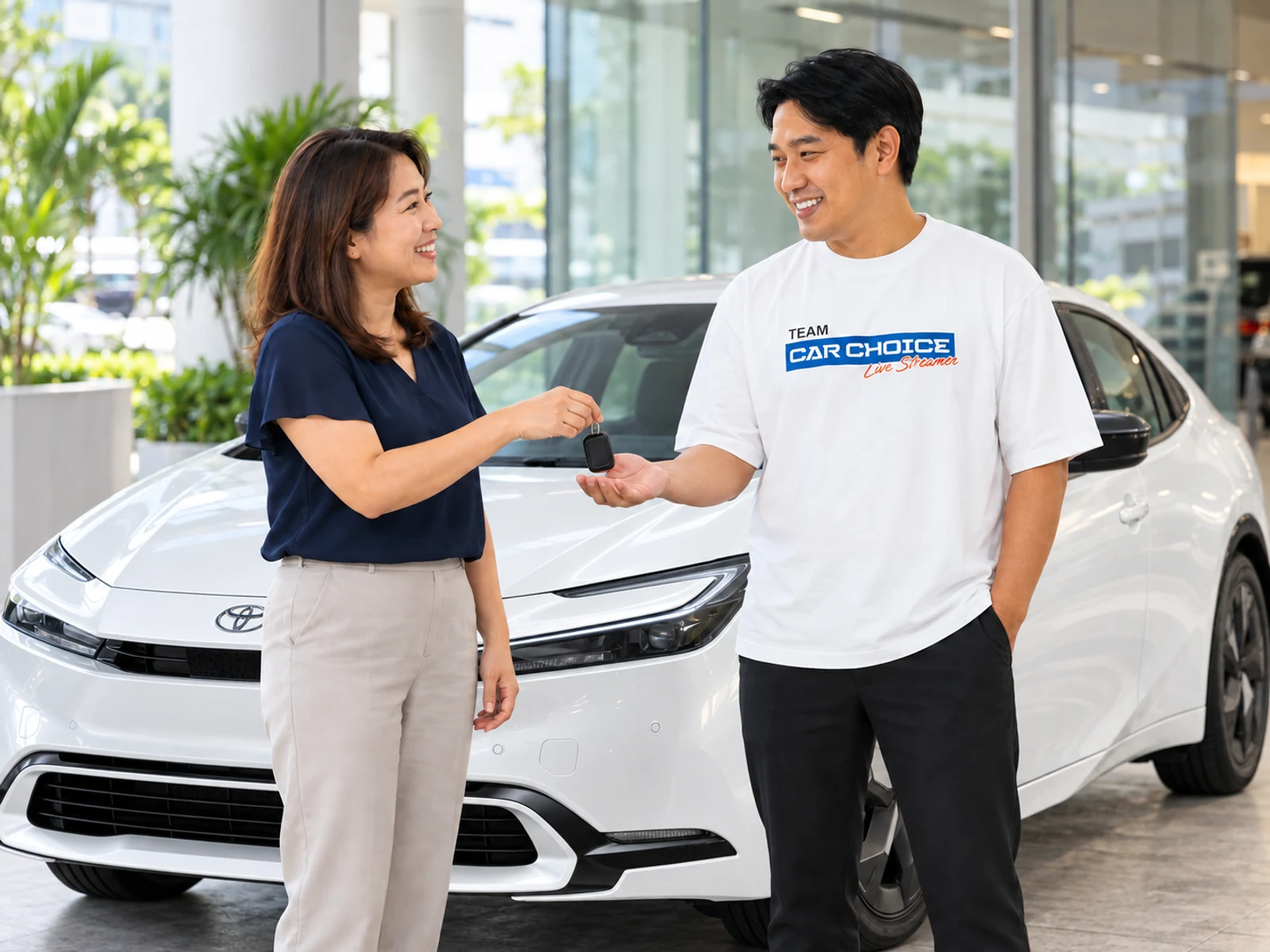 Illustration of a seller handing car keys to a Car Choice representative beside a Toyota Prius